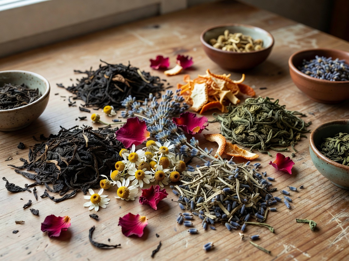 Loose tea and dried botanicals arranged on a home blending surface