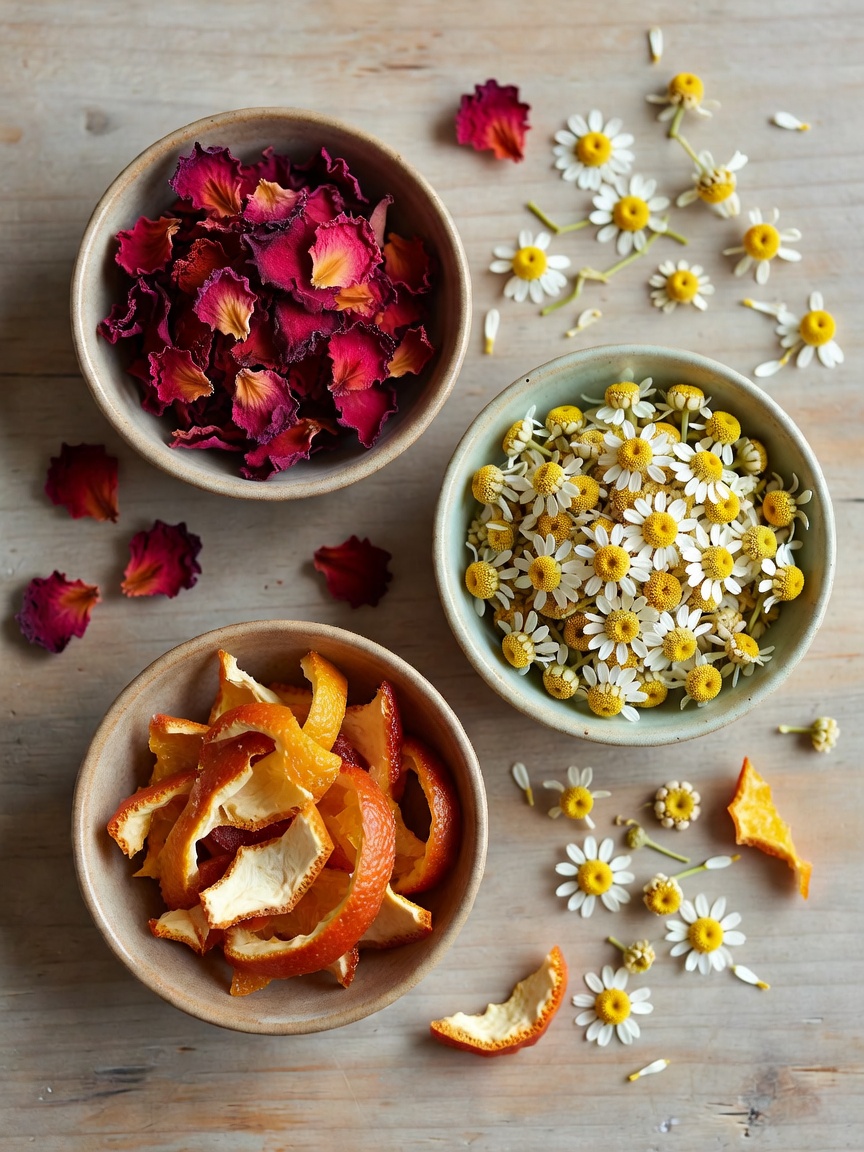 Food-style arrangement of rose petals, chamomile and dried citrus peel in individual bowls