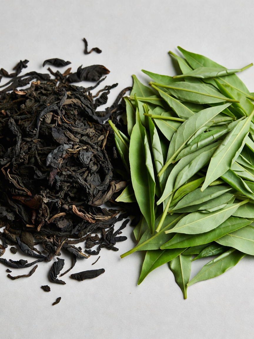 Different loose tea leaves showing the contrasting shapes of black and green tea