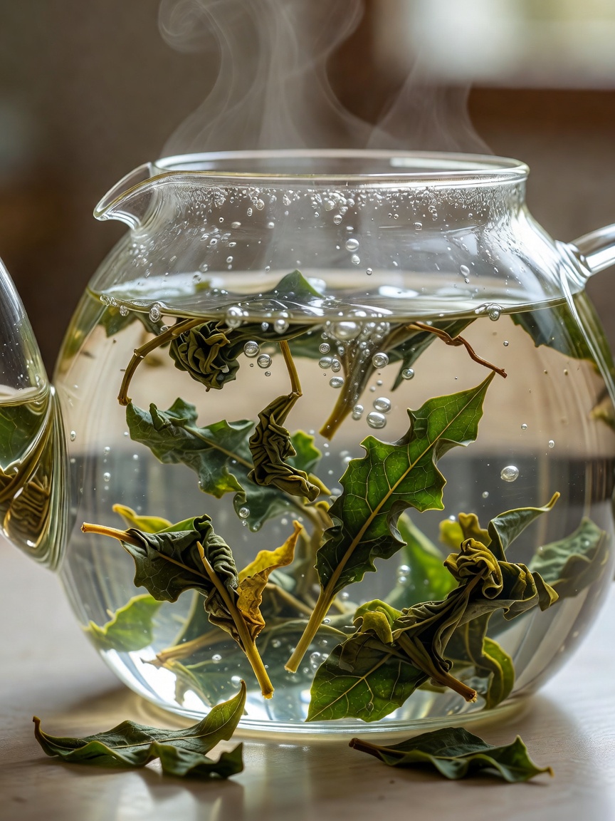Tea leaves opening in hot water inside a clear glass teapot
