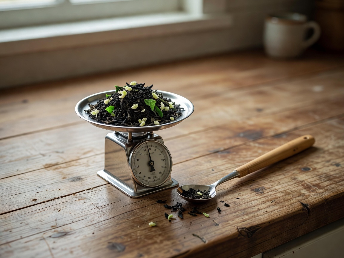Loose tea being portioned beside a compact digital kitchen scale